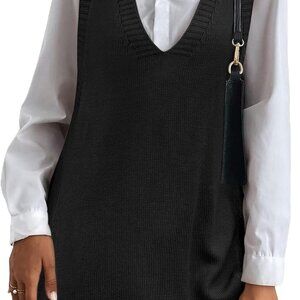 Women Sweater Vest Oversized V Neck Sleeveless Knit Pullover with Pockets